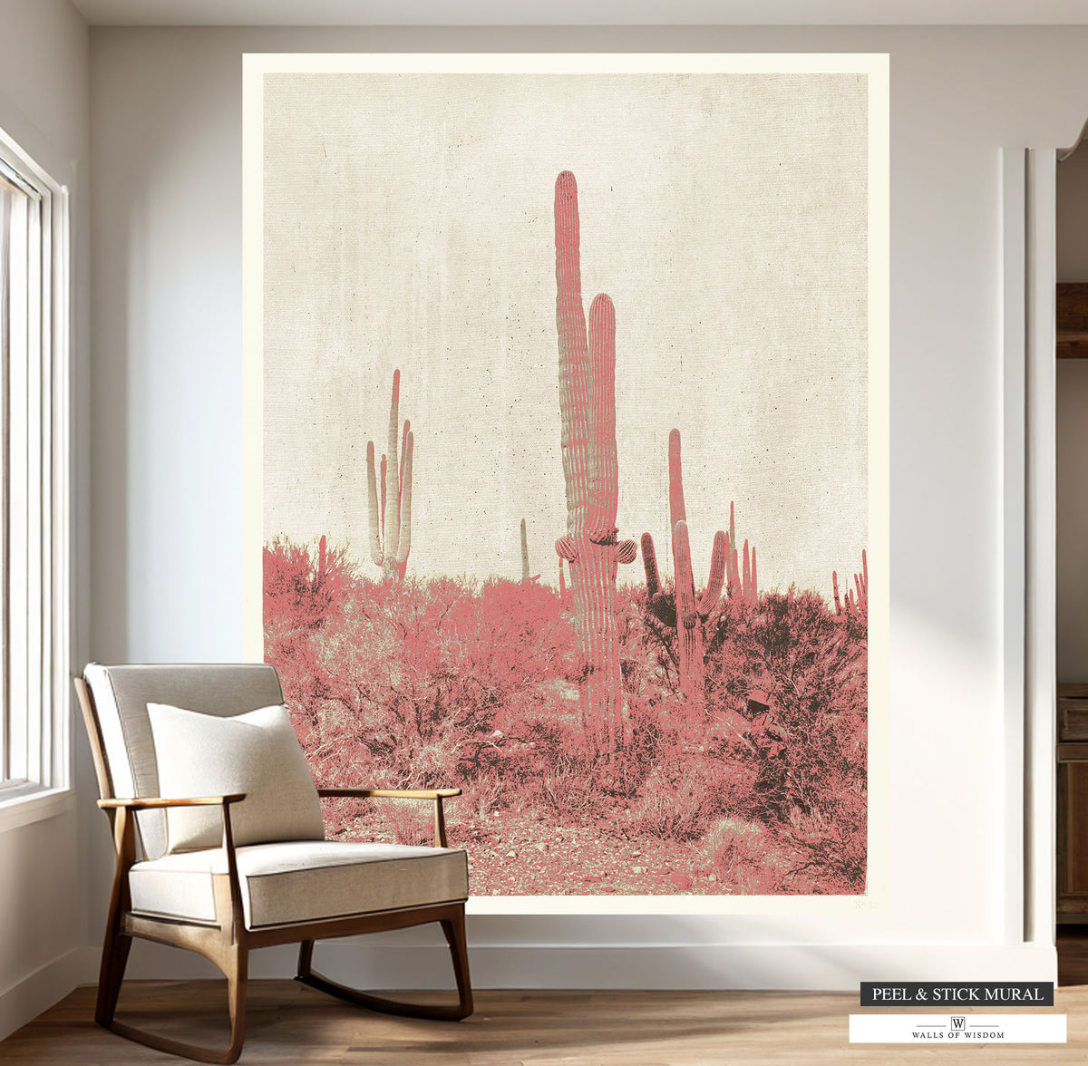 Western Boho Style Desert Cactus Mural in Black, White, and Pink.