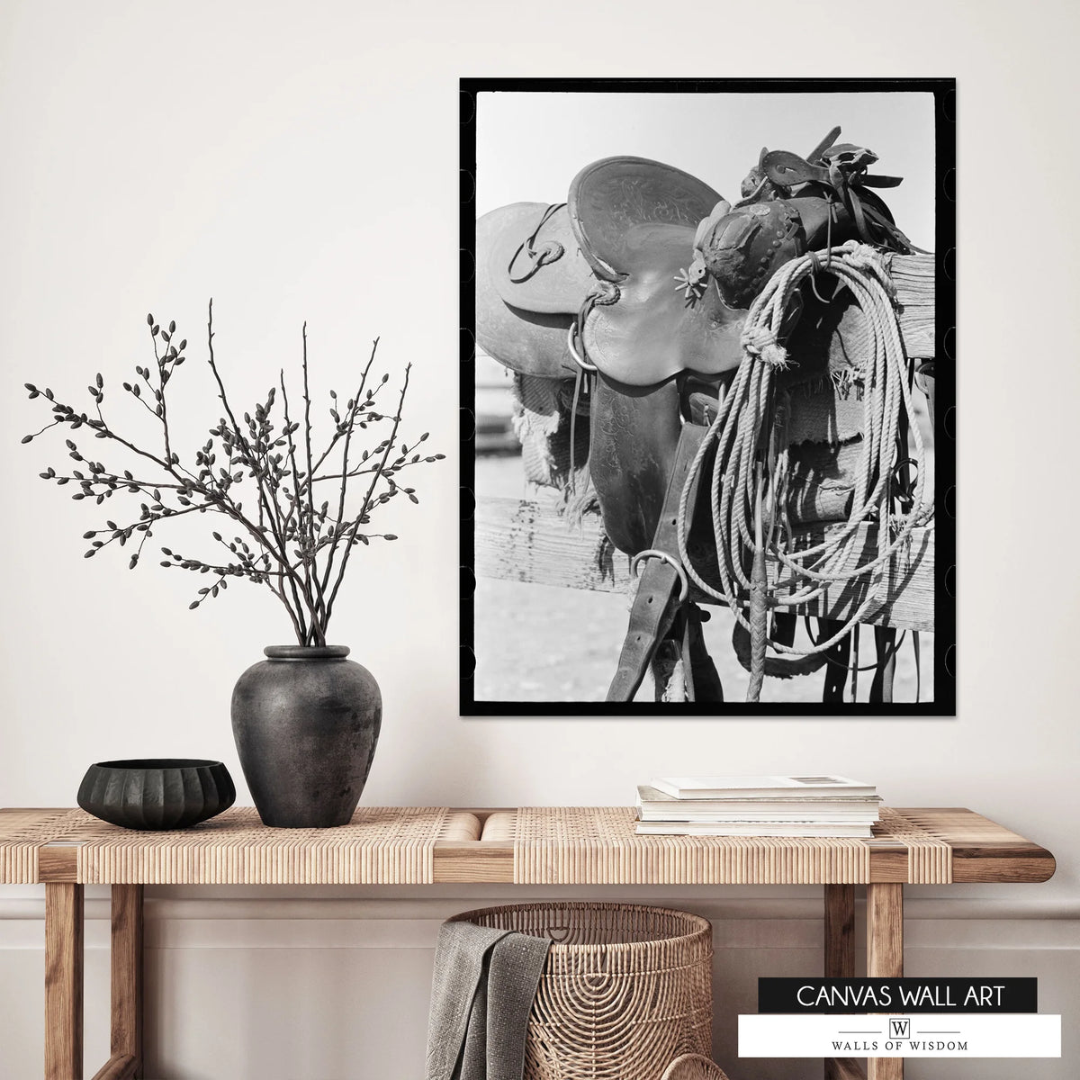 Timeless black-and-white cowboy decor with rustic charm.