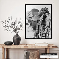 Timeless black-and-white cowboy decor with rustic charm.