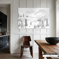 Vintage snowy mountain canvas wall art in black and white