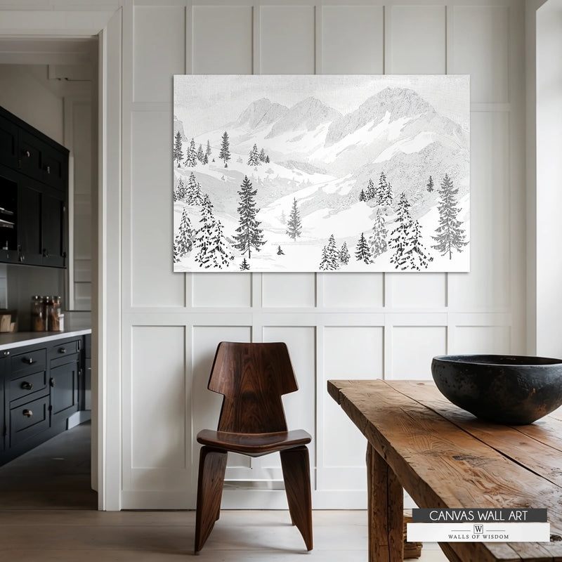 Vintage snowy mountain canvas wall art in black and white