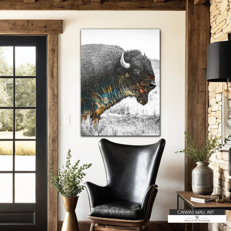 Western lodge buffalo wall art with black-and-white background and distressed accents.