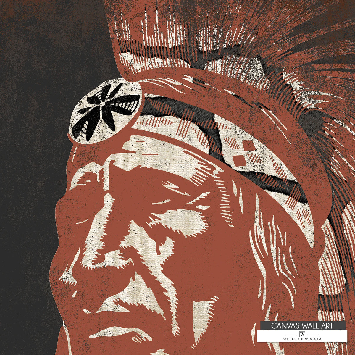 Bold and detailed Native American Chief canvas artwork in warm earth tones, ideal for statement walls.