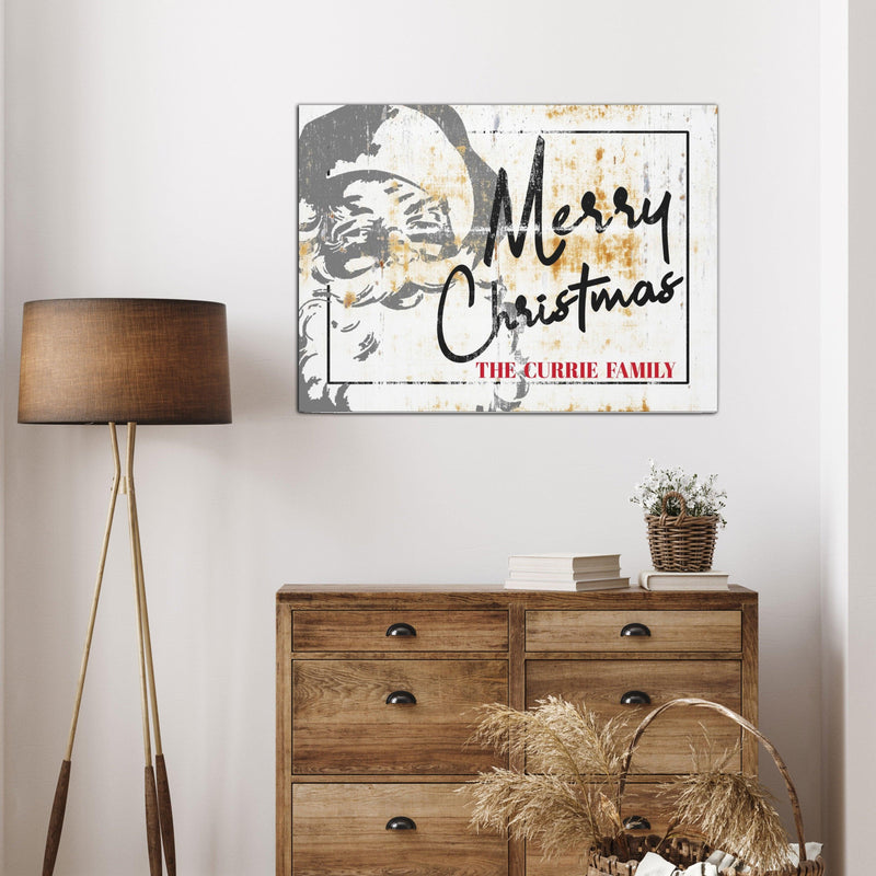 Rustic vintage Christmas canvas sign with Santa and Merry Christmas text