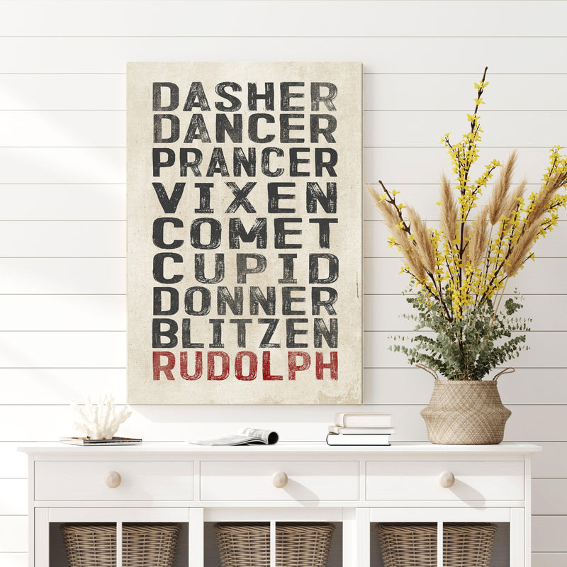 Festive Christmas canvas sign featuring Santa's reindeer names.