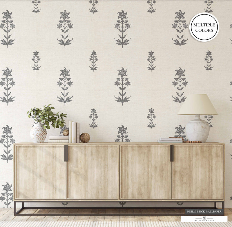 Dark Grey Elegant Floral Self-Adhesive Wallpaper enhancing a modern living room.