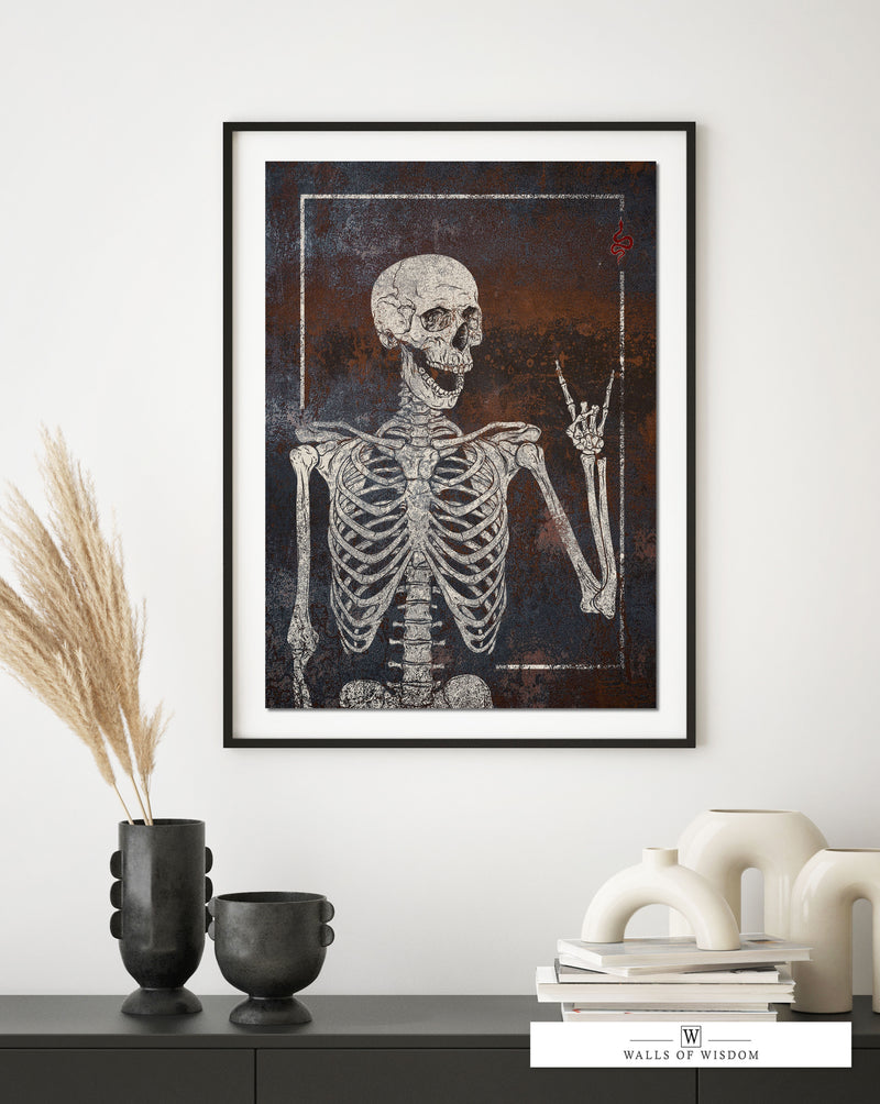 Rock and Roll Skeleton Poster Print  - Moody Black Skull Sign - Spooky Chic Halloween Wall Art