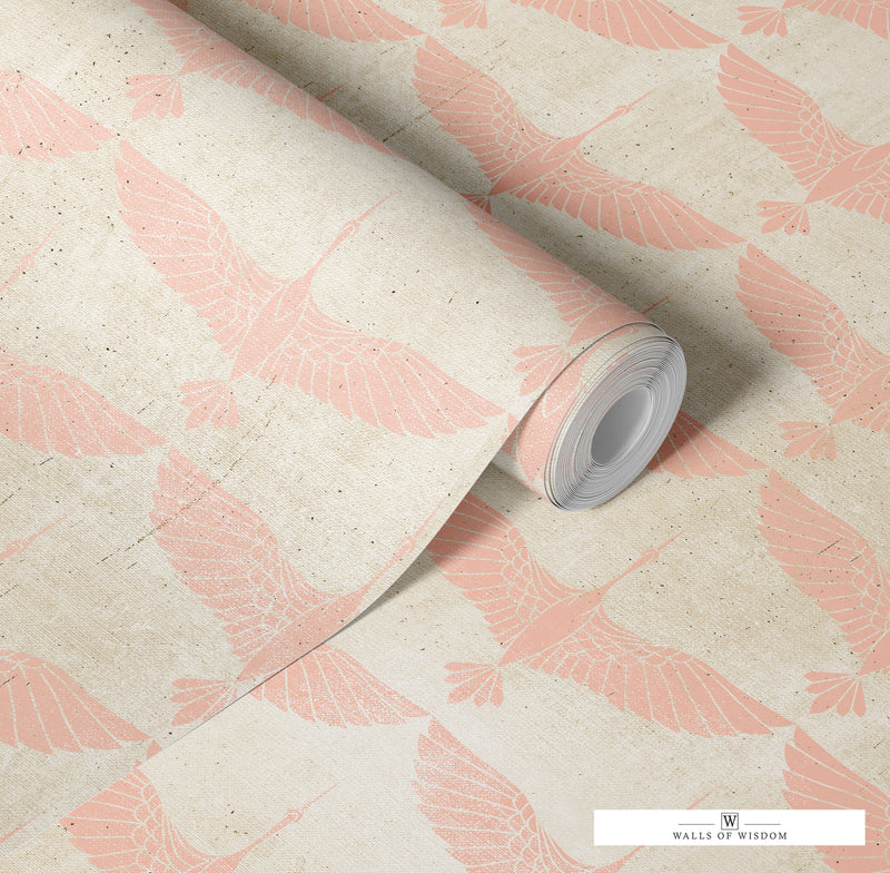 Vintage Creamy Linen Wallpaper Featuring Teacup Rose Colored Flying Cranes - Modern Boho