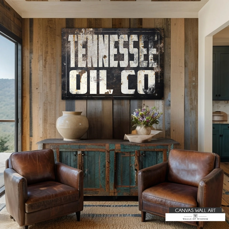 Western oilfield sign canvas print with weathered typography and a rugged Tennessee oil industry design.
