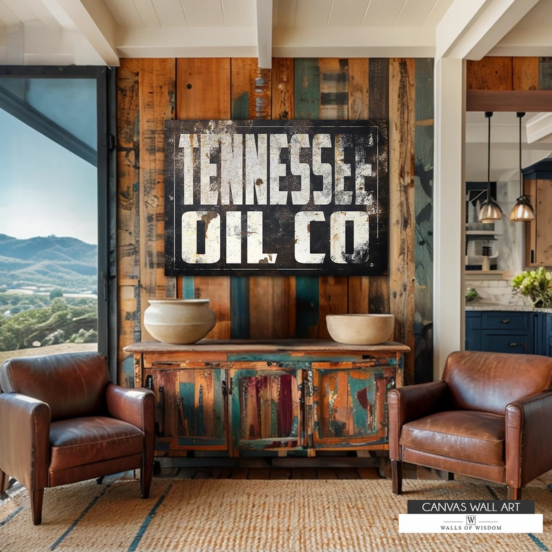 Tennessee Oil Co. vintage canvas featuring a distressed black background and rustic Western typography.