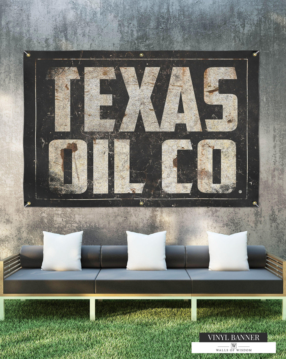 Texas Oil Co vinyl sign with vintage black distressed background and off-white font, suitable for indoor and outdoor spaces in homes of oil workers.