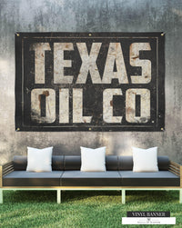 Texas Oil Co vinyl sign with vintage black distressed background and off-white font, suitable for indoor and outdoor spaces in homes of oil workers.