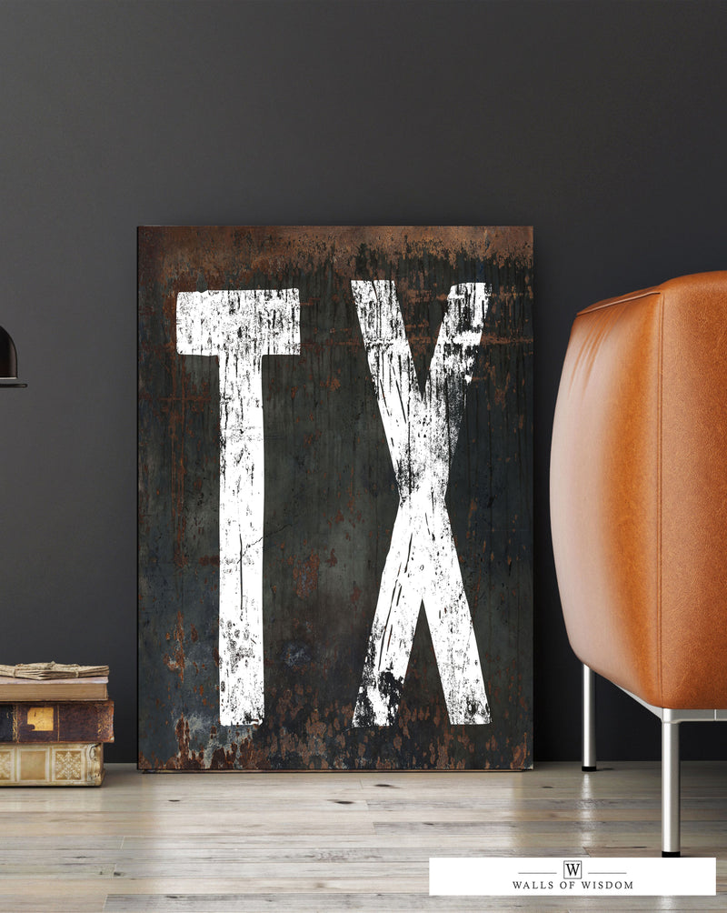 TX Vintage Western Canvas Sign with a black metal-inspired background and aged off-white font, blending classic charm with modern sophistication for home decor.