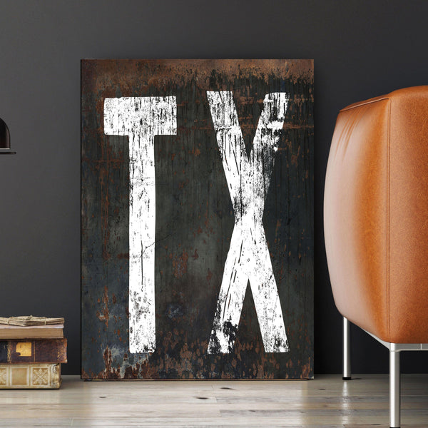 TX Vintage Western Canvas Sign with a black metal-inspired background and aged off-white font, blending classic charm with modern sophistication for home decor.