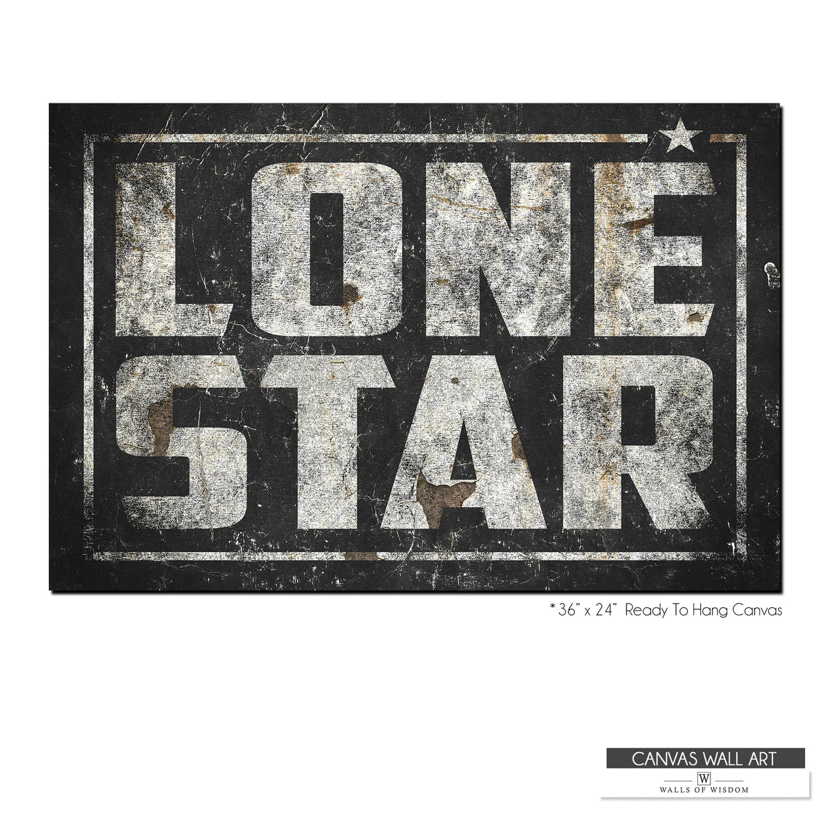 Bold Texas Lone Star emblem canvas wall art with a distressed vintage aesthetic, ideal for Western-style spaces.