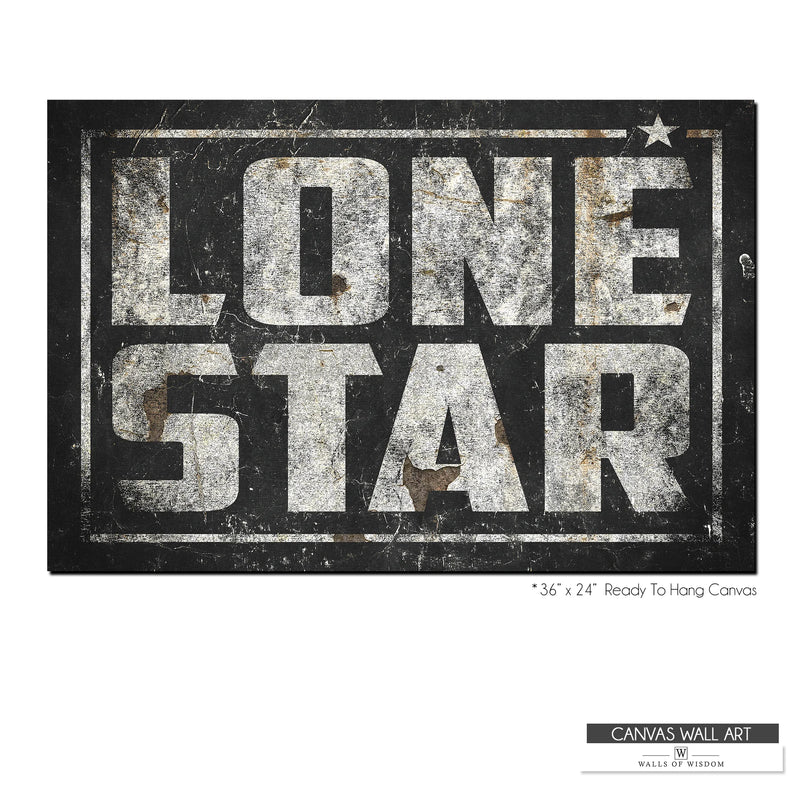 Bold Texas Lone Star emblem canvas wall art with a distressed vintage aesthetic, ideal for Western-style spaces.