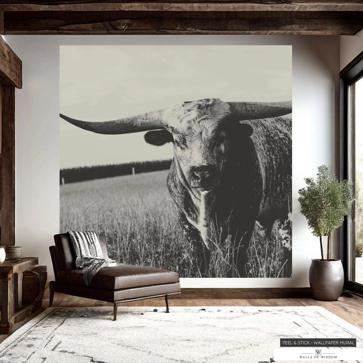 Texas Longhorn Sepia Tone Peel and Stick Wallpaper Mural for Western Decor