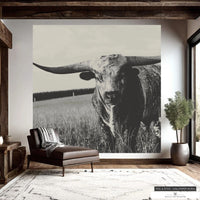 Texas Longhorn Sepia Tone Peel and Stick Wallpaper Mural for Western Decor