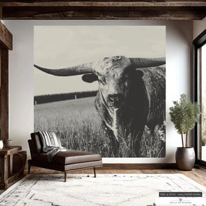 Texas Longhorn Sepia Tone Peel and Stick Wallpaper Mural for Western Decor
