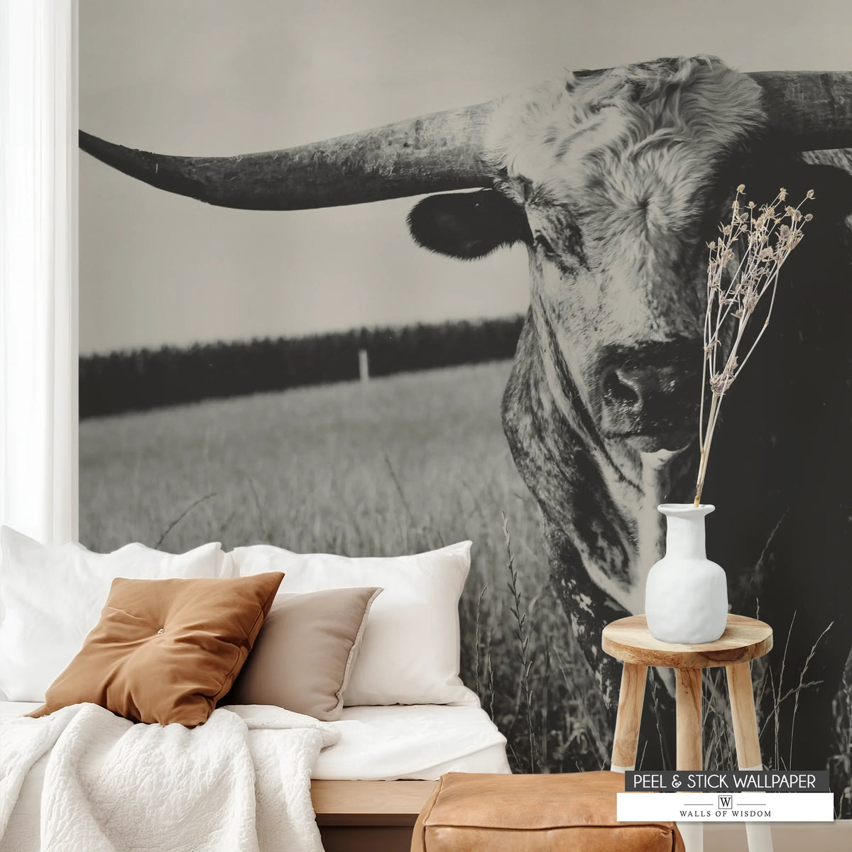 Texas Longhorn Western Boho Wallpaper Mural in Sepia Tones. 