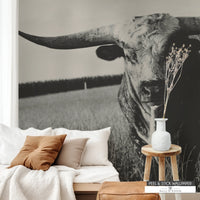 Texas Longhorn Western Boho Wallpaper Mural in Sepia Tones. 