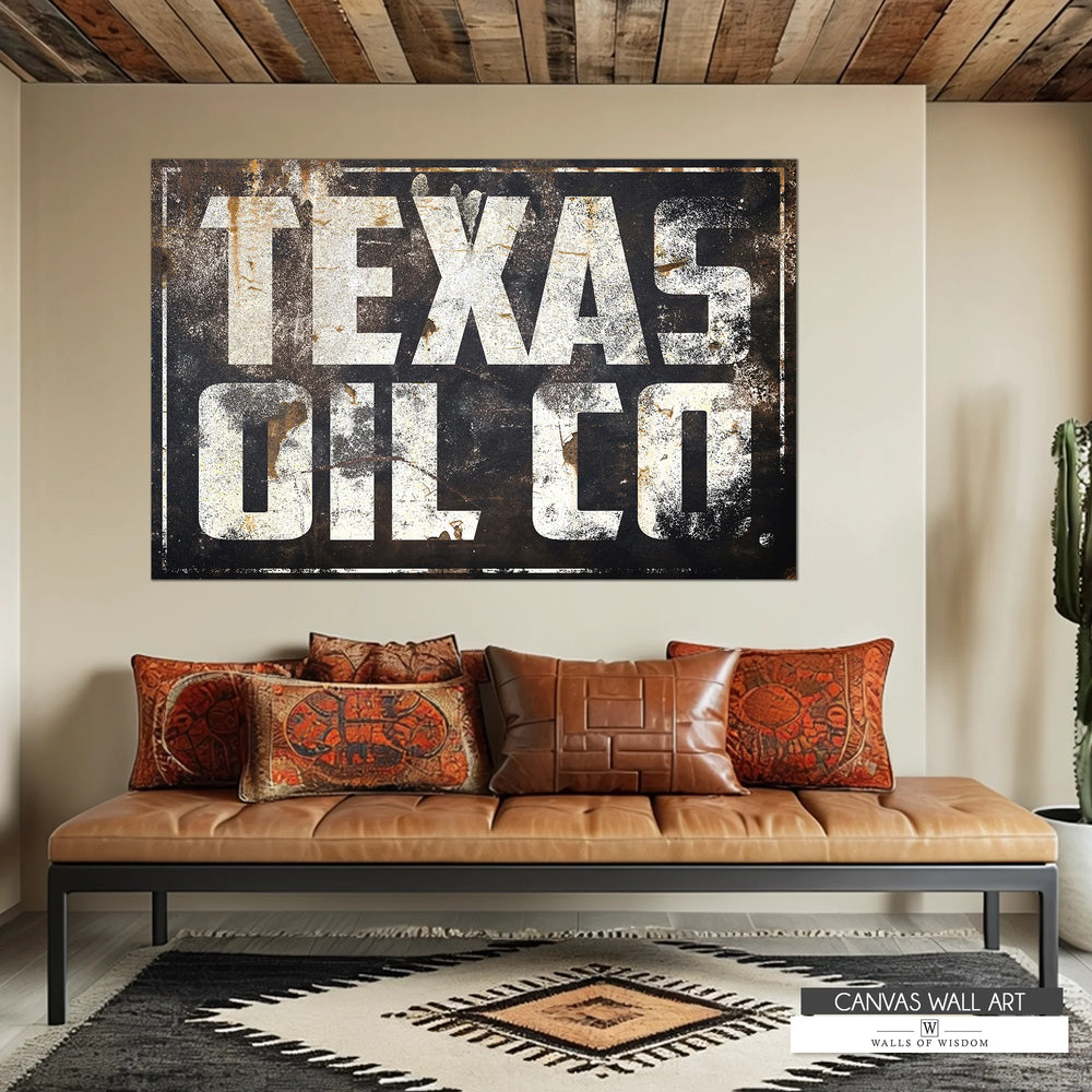 Vintage Texas Oil Co. canvas sign with distressed black metal-style background.