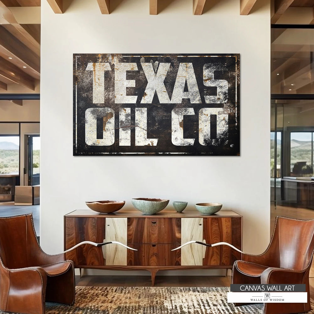 Texas Style Western decor. Vintage metal sign in canvas Texas Oil Co. in rusty black metal style and creamy white distressed typography. 