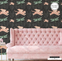 Coral Pink Flying Tibetan Tiger and Muted Green Dragonfly on Boho Wallpaper with Flower Background.