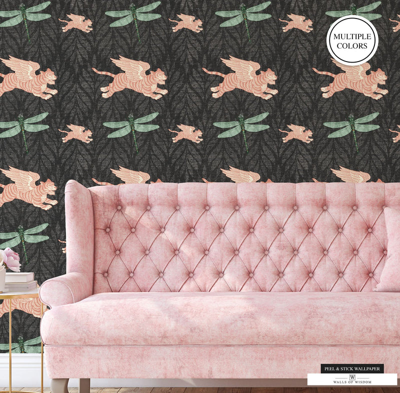 Coral Pink Flying Tibetan Tiger and Muted Green Dragonfly on Boho Wallpaper with Flower Background.