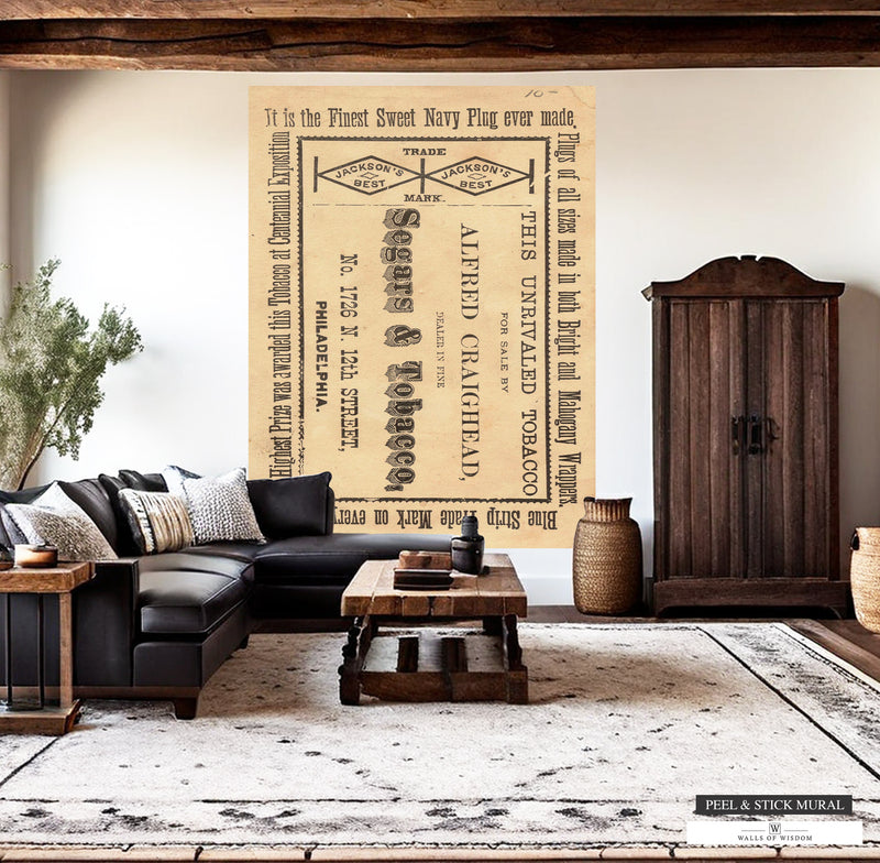 Vintage tobacco label wall mural in warm cream and black, Western style
