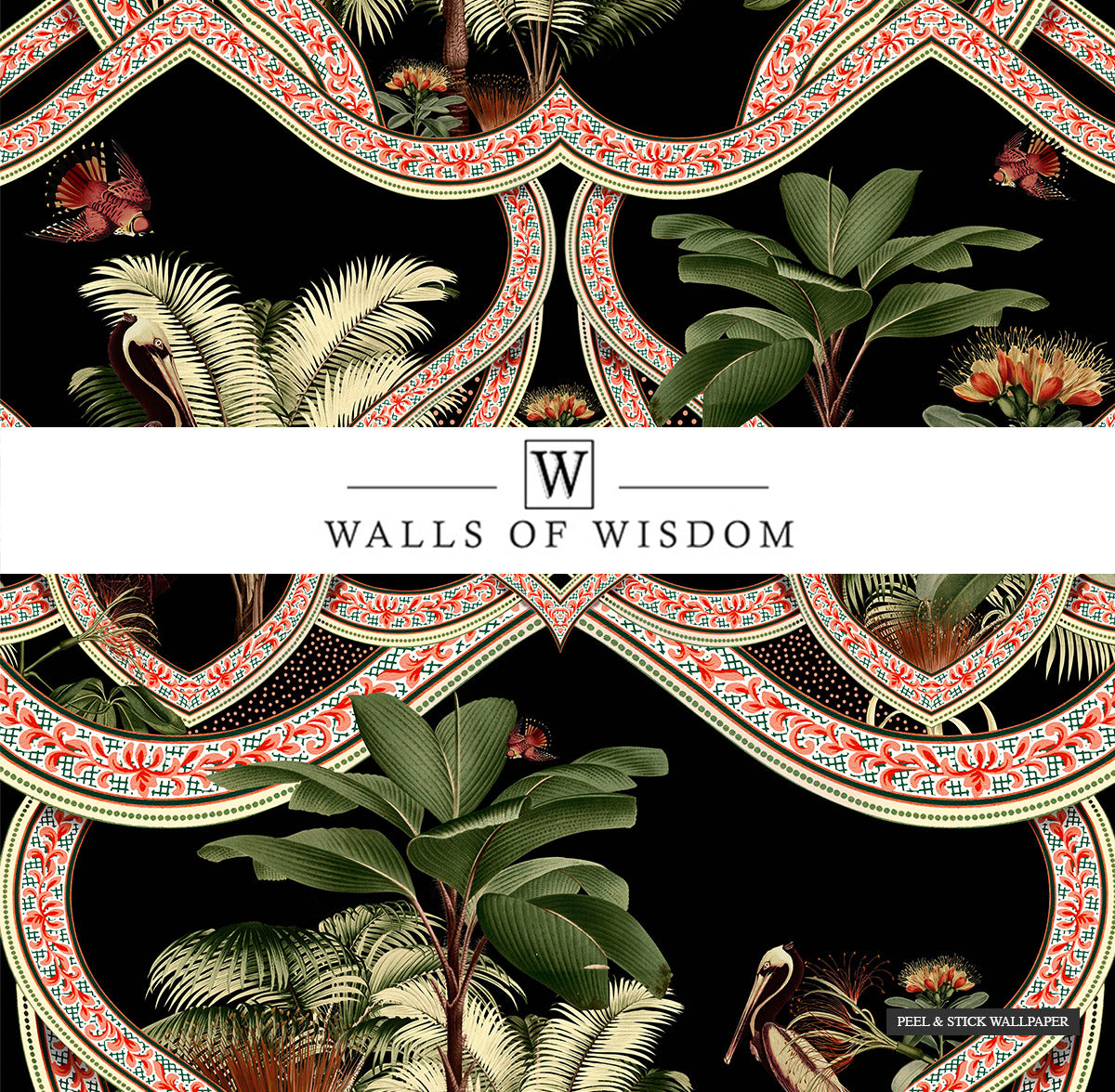 Elegant entryway accented with Tropical Floral Maximalist Peel and Stick Wallpaper in art deco style."