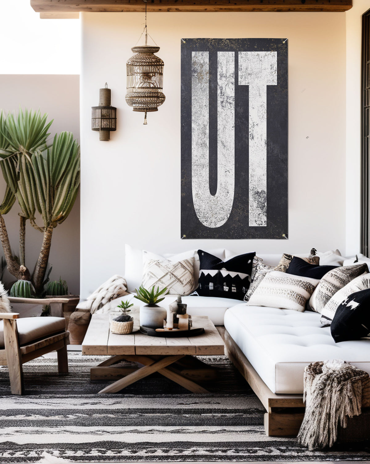Utah 'UT' vinyl outdoor sign, blending Western elegance with boho charm, perfect for home bars and garden parties, showcasing state pride.