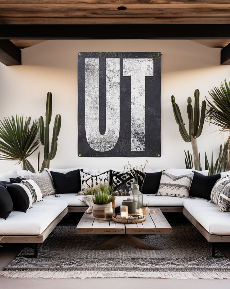 Vintage bar and garden party tapestry, a tribute to Utah's landscapes, embodying minimalist Western decor with boho flair.