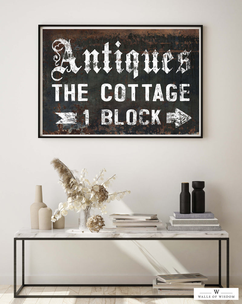 Black Antiques The Cottage Poster Print -  Distressed Vintage Signage Cottage Living Room Decor