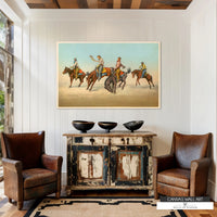 Vintage Western cowboy wall art with a historic 1907 rodeo photo of bronco riders in action. Bright and colorful western decor. 