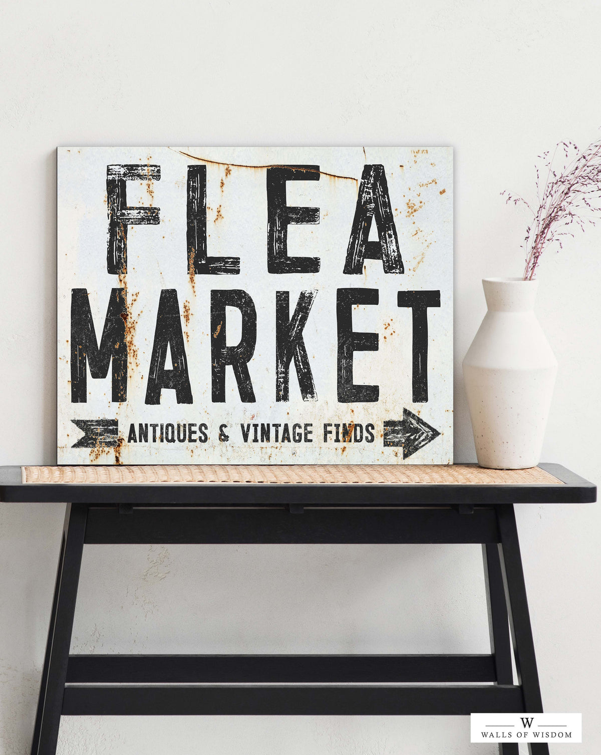 Antique Style Flea Market Sign - Antique & Vintage Finds Canvas Sign - Distressed Trades Days Living Room Decor