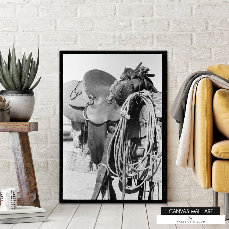 Vintage cowboy saddle canvas artwork for ranch and farmhouse decor.
