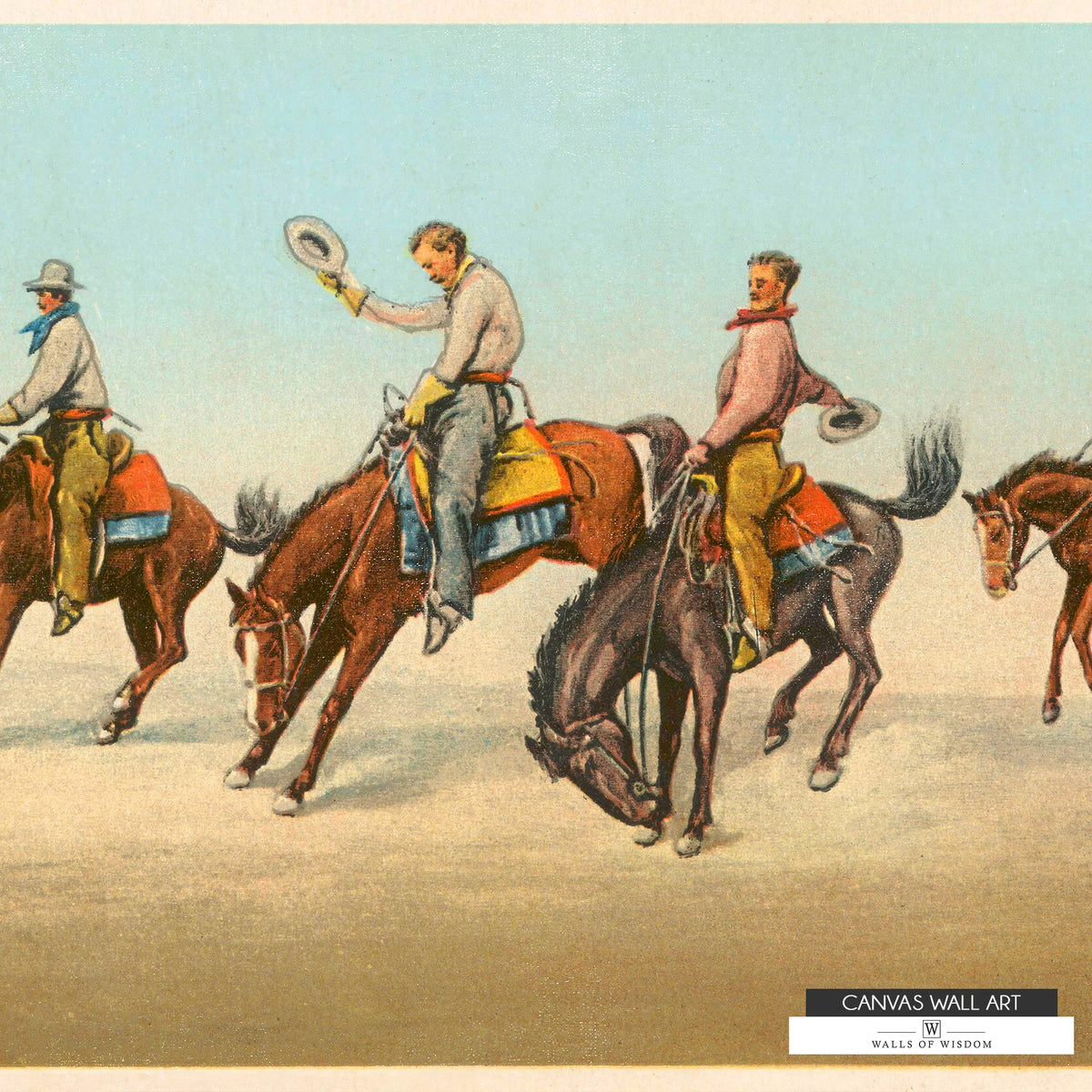 1907 vintage postcard-style canvas featuring broncho busters mid-action at a rodeo.