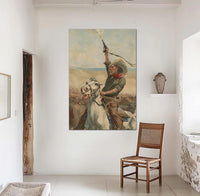 Cowboy leading a stampede canvas print for western decor in muted neutral colors. 