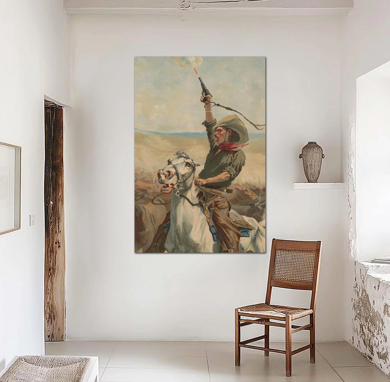 Cowboy leading a stampede canvas print for western decor in muted neutral colors. 