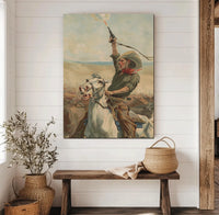 Rustic cowboy print featuring a stampede and cowboy on horseback wild west style for western-inspired home.