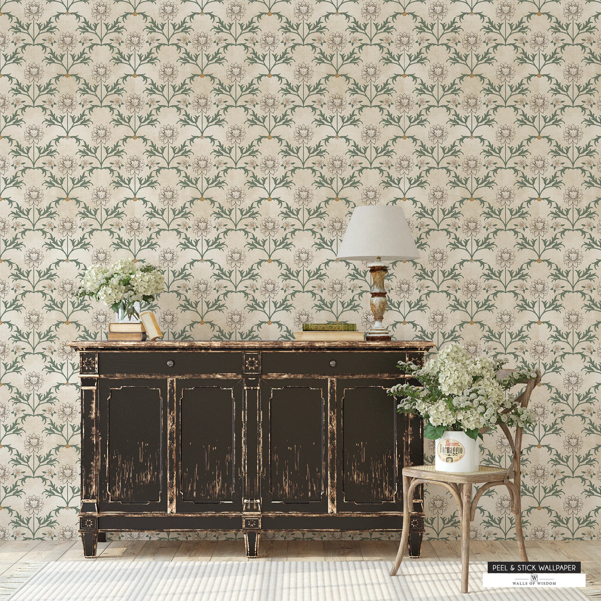 Fresh Floral Fields wallpaper featuring daffodils and daisies on a distressed cream background.