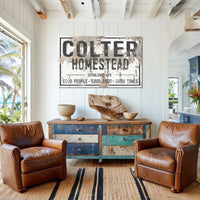 Coastal Cowboy Vintage Western Custom Last name sign in chippy cream, white and grey. Distressed hand painted font. 