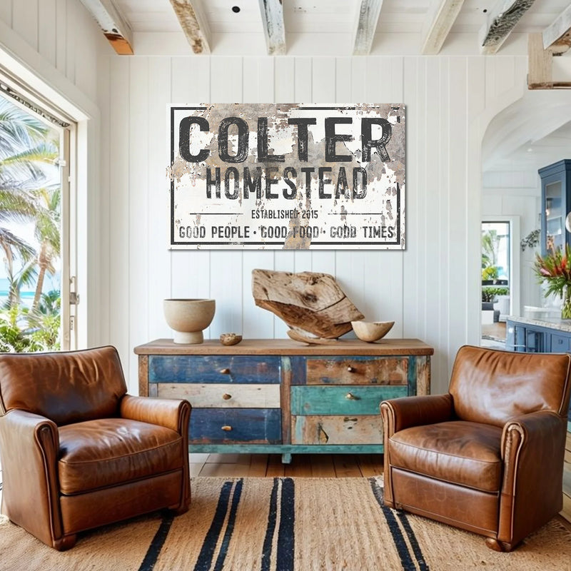 Coastal Cowboy Vintage Western Custom Last name sign in chippy cream, white and grey. Distressed hand painted font. 