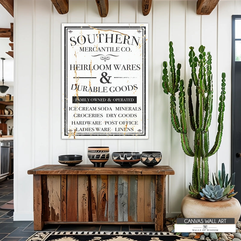 Rustic farmhouse wall art with a weathered Southern mercantile design, perfect for Western boho decor.