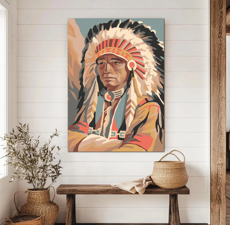 Vintage Western Chief Portrait Canvas Wall Hanger in bold neutral tones. 