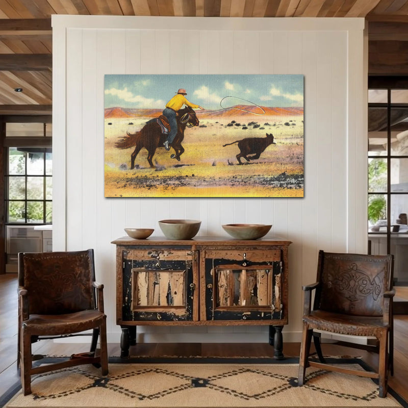 Western cowboy canvas featuring a colorful roping scene in a desert with vintage Southwest style.