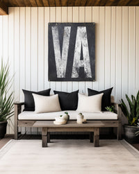 Rustic 'VA' vinyl patio sign, embodying Virginia's boho farmhouse and Western chic for an inviting outdoor or speakeasy decor.
