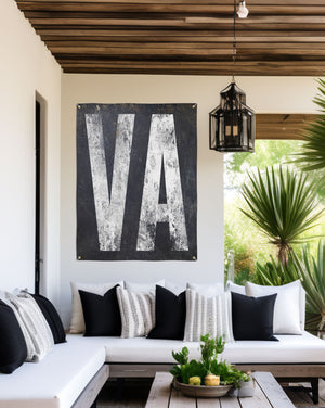 Western chic 'VA' home bar sign, crafted from vinyl for lasting beauty in outdoor gardens or indoor speakeasy themes.