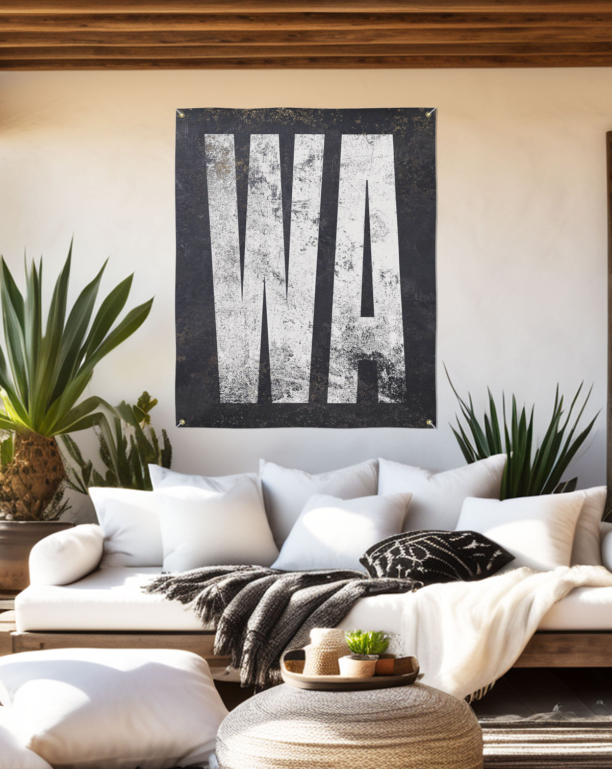 Sleek 'WA' vinyl sign, perfect for minimalist outdoor decor or as a chic addition to patio and garden spaces.